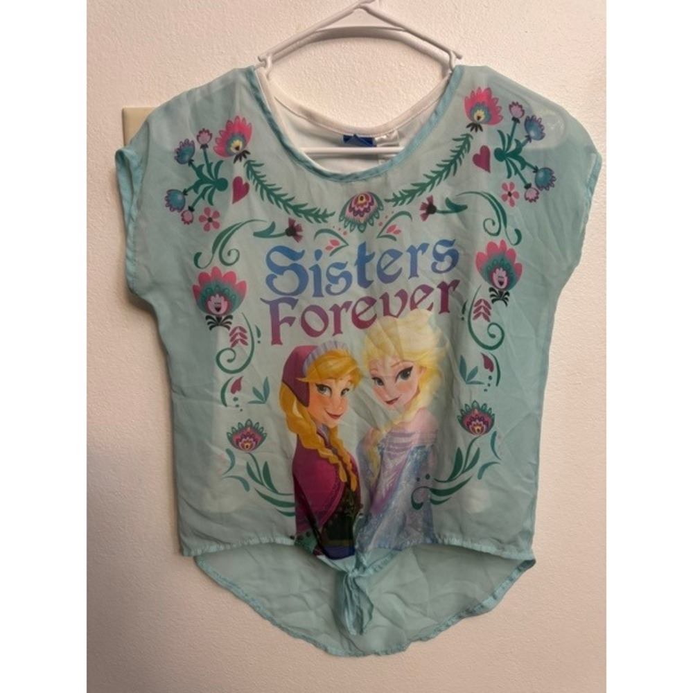 Disney Frozen Anna Elsa Sisters Forever Tie Front Top Blue Girls Large 10/12 (F)